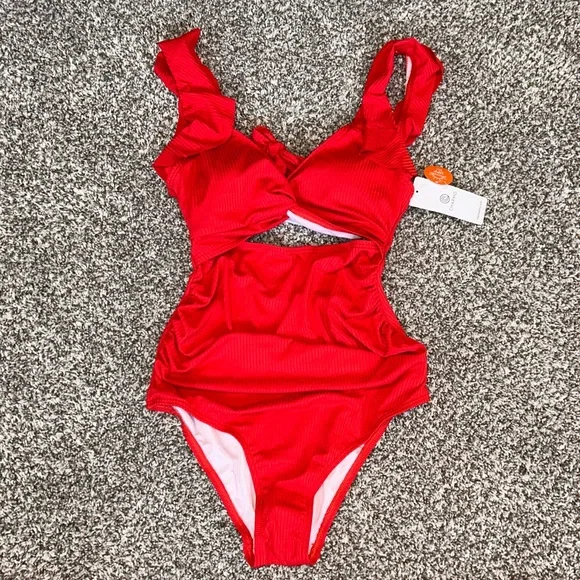 New With Tags Amazon Red Ruffled Sleeve Swimsuit With Front Cutout Size S UPF 50 - Picture 2 of 3